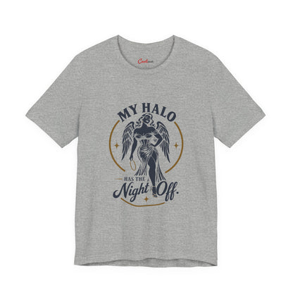 Athletic Heather Cooliooli tee with a winged angel holding her halo: My Halo Has the Night Off.