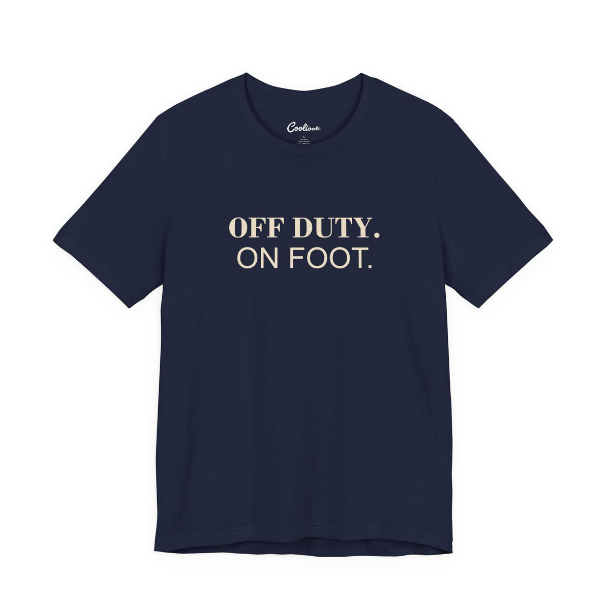 OFF DUTY. ON FOOT. on the Navy Bella+Canvas 3001 tee — accurate supplier front colour mockup
