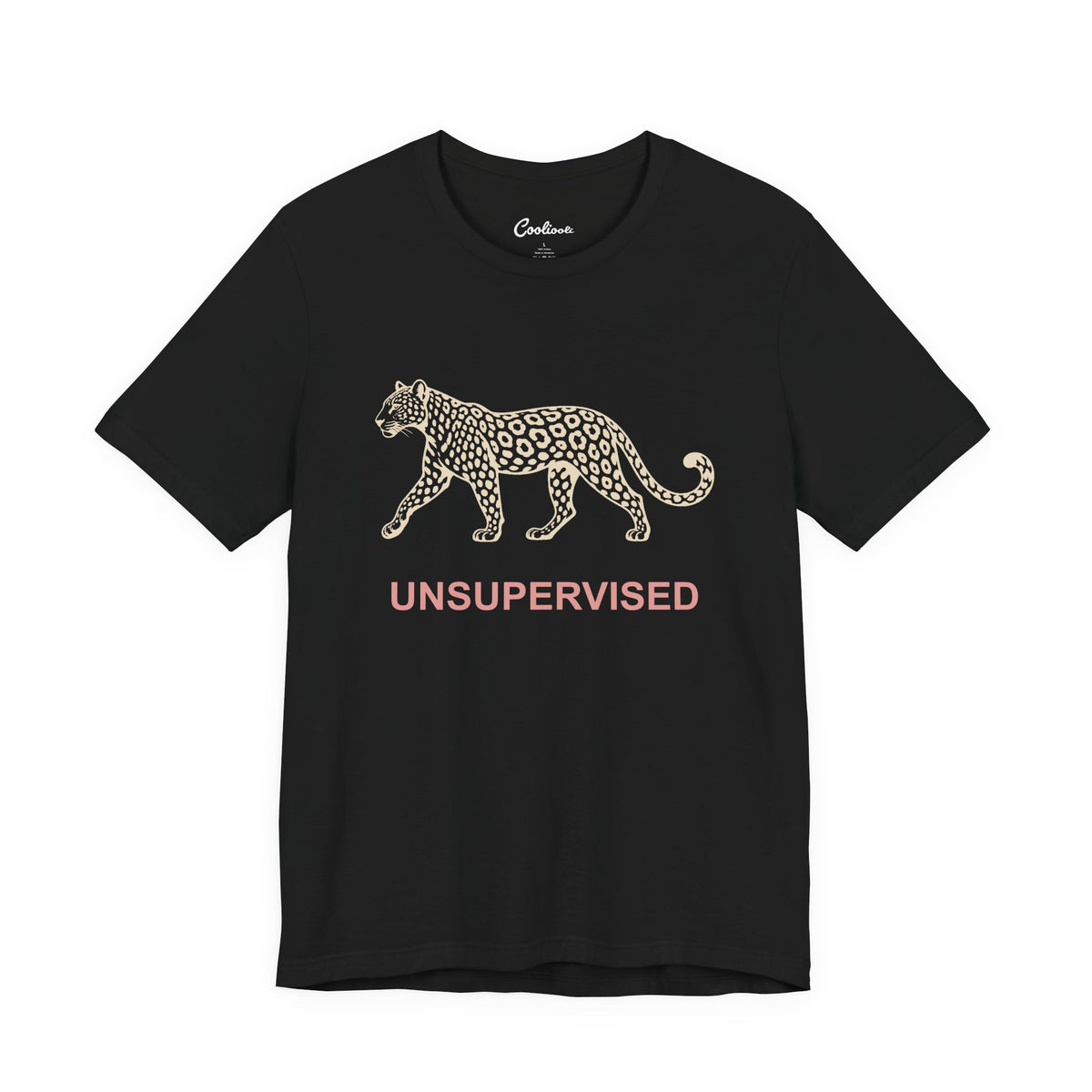 UNSUPERVISED leopard graphic on the Black Bella+Canvas 3001 tee — accurate supplier front colour view