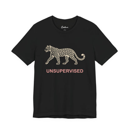 UNSUPERVISED leopard graphic on the Black Bella+Canvas 3001 tee — accurate supplier front colour view