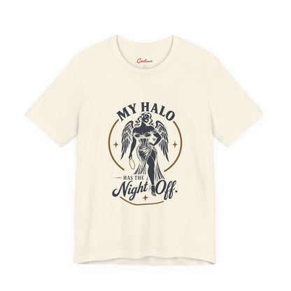 Natural Cooliooli tee with a winged angel holding her halo: My Halo Has the Night Off.