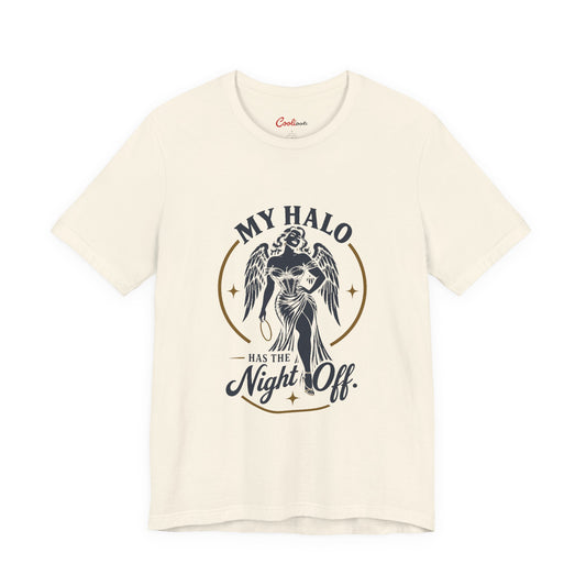 Natural Cooliooli tee with a winged angel holding her halo: My Halo Has the Night Off.