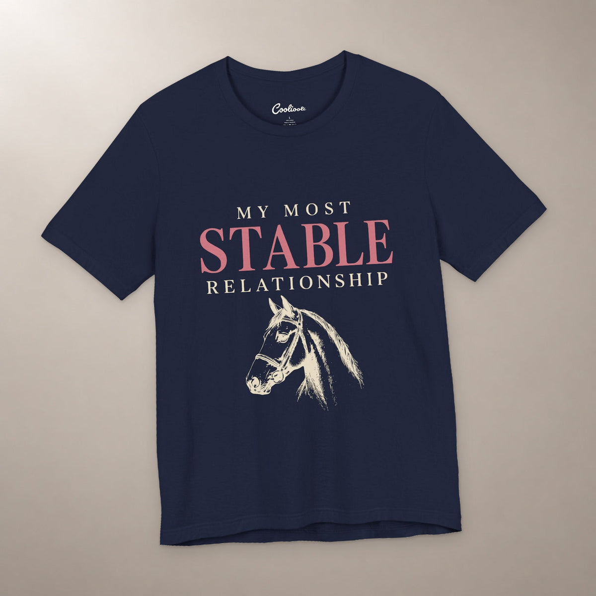 Finally, Someone Dependable. Bella+Canvas 3001 tee in navy, flat lay with My Most Stable Relationship lettering and a bridled horse on a plain warm neutral background.