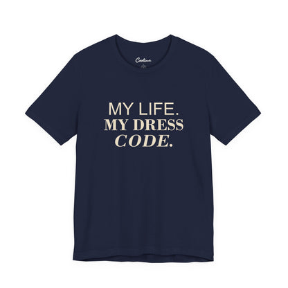 MY LIFE. MY DRESS CODE. Bella+Canvas 3001 T-shirt — Navy, accurate supplier front flat lay