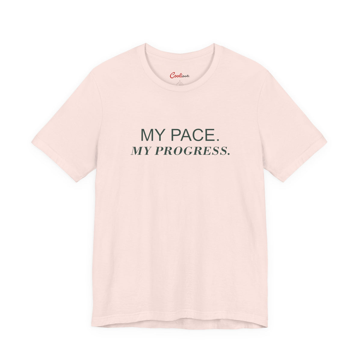 MY PACE. MY PROGRESS. on the Soft Pink Bella+Canvas 3001 tee — accurate supplier front colour mockup