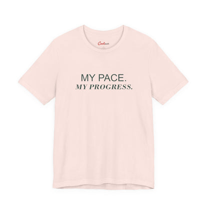 MY PACE. MY PROGRESS. on the Soft Pink Bella+Canvas 3001 tee — accurate supplier front colour mockup