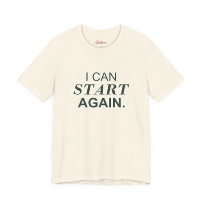 I CAN START AGAIN. Bella+Canvas 3001 T-shirt — Natural, accurate supplier front flat lay