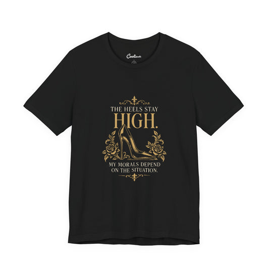 Black Cooliooli tee with ornate stiletto and roses: The heels stay high. My morals depend on the situation.