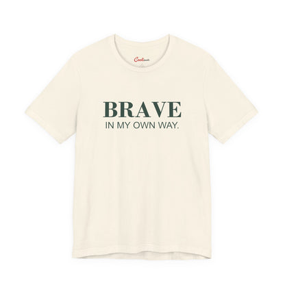 BRAVE IN MY OWN WAY. Bella+Canvas 3001 T-shirt — Natural, accurate supplier front flat lay