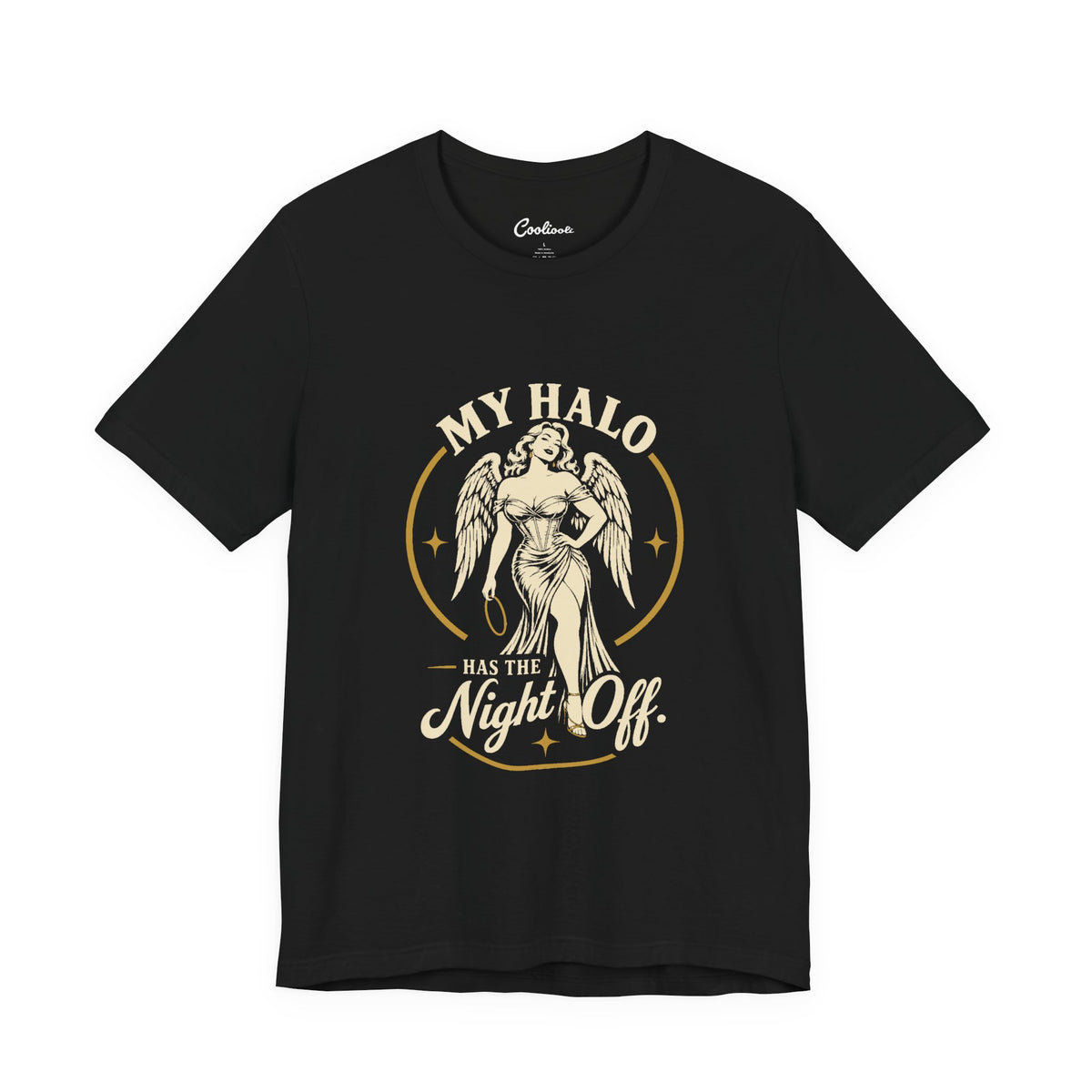 Black Cooliooli tee with a winged angel holding her halo: My Halo Has the Night Off.