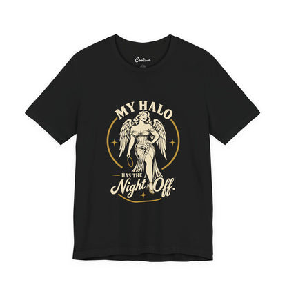 Black Cooliooli tee with a winged angel holding her halo: My Halo Has the Night Off.