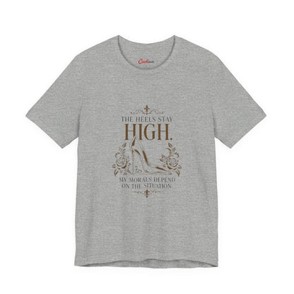Athletic Heather Cooliooli tee with ornate stiletto and roses: The heels stay high. My morals depend on the situation.