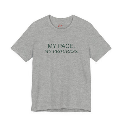 MY PACE. MY PROGRESS. on the Athletic Heather Bella+Canvas 3001 tee — accurate supplier front colour mockup
