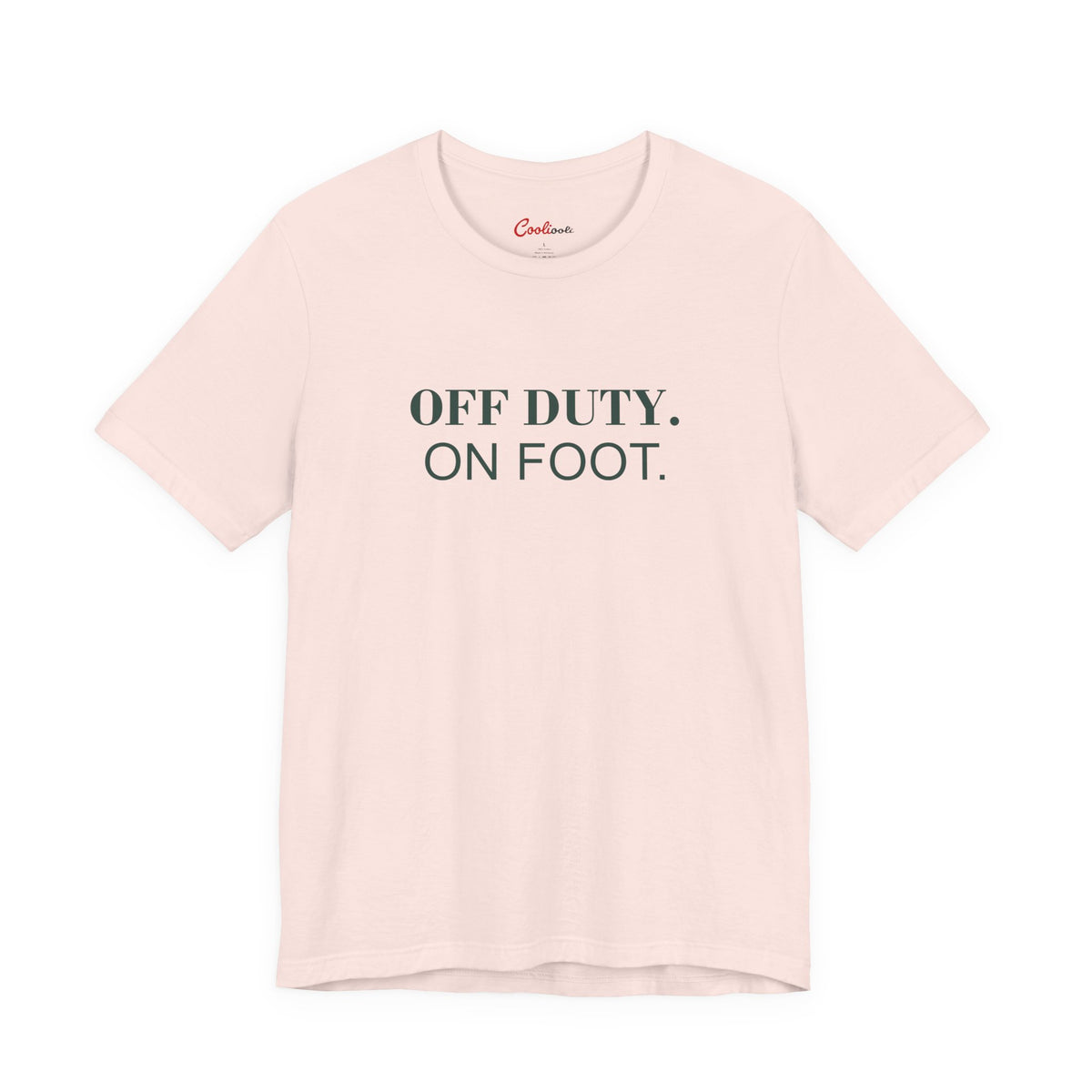 OFF DUTY. ON FOOT. on the Soft Pink Bella+Canvas 3001 tee — accurate supplier front colour mockup