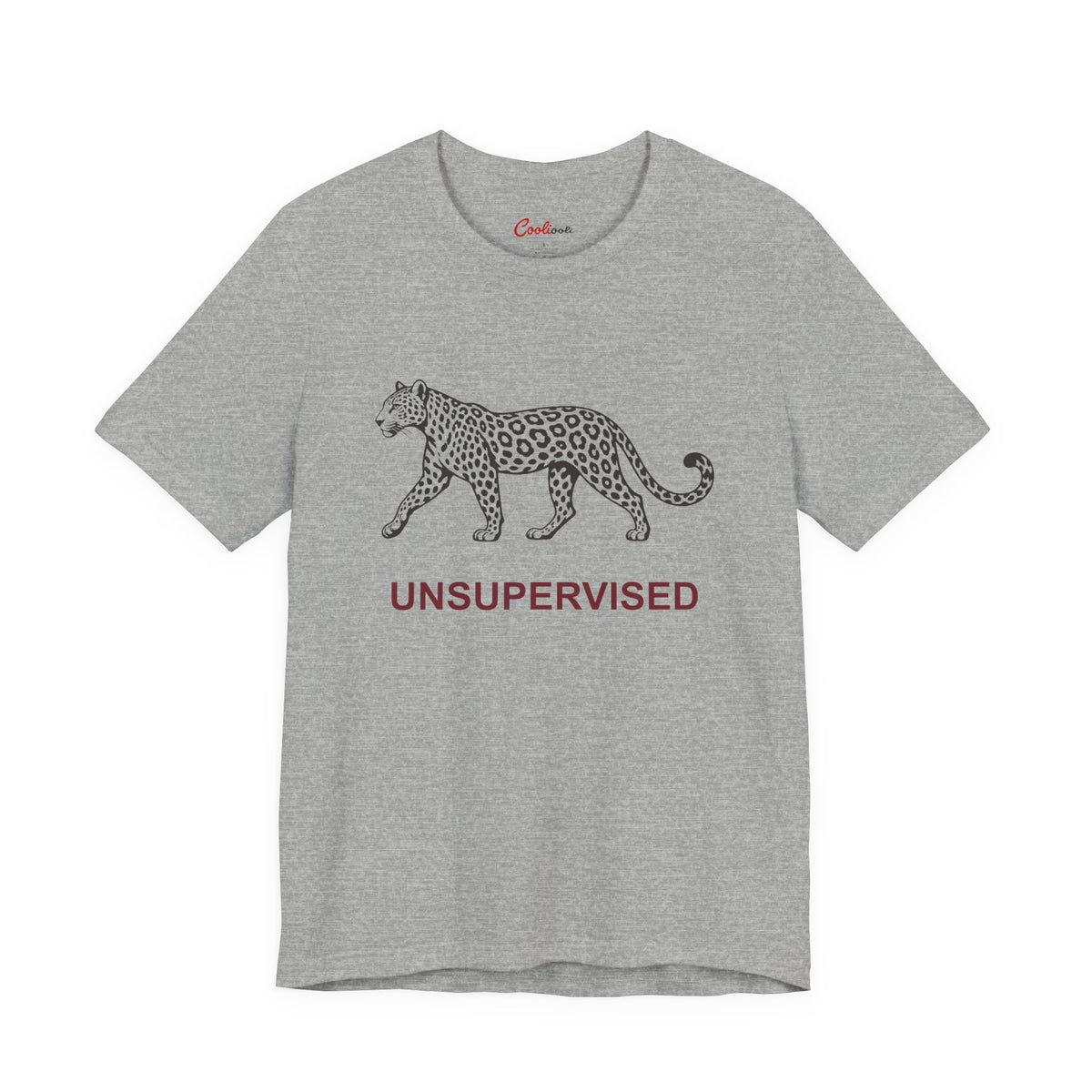 UNSUPERVISED leopard graphic on the Athletic Heather Bella+Canvas 3001 tee — accurate supplier front colour view