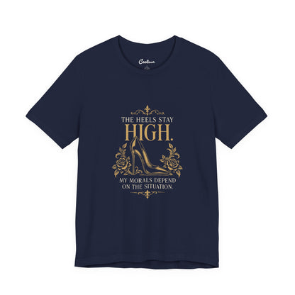 Navy Cooliooli tee with ornate stiletto and roses: The heels stay high. My morals depend on the situation.