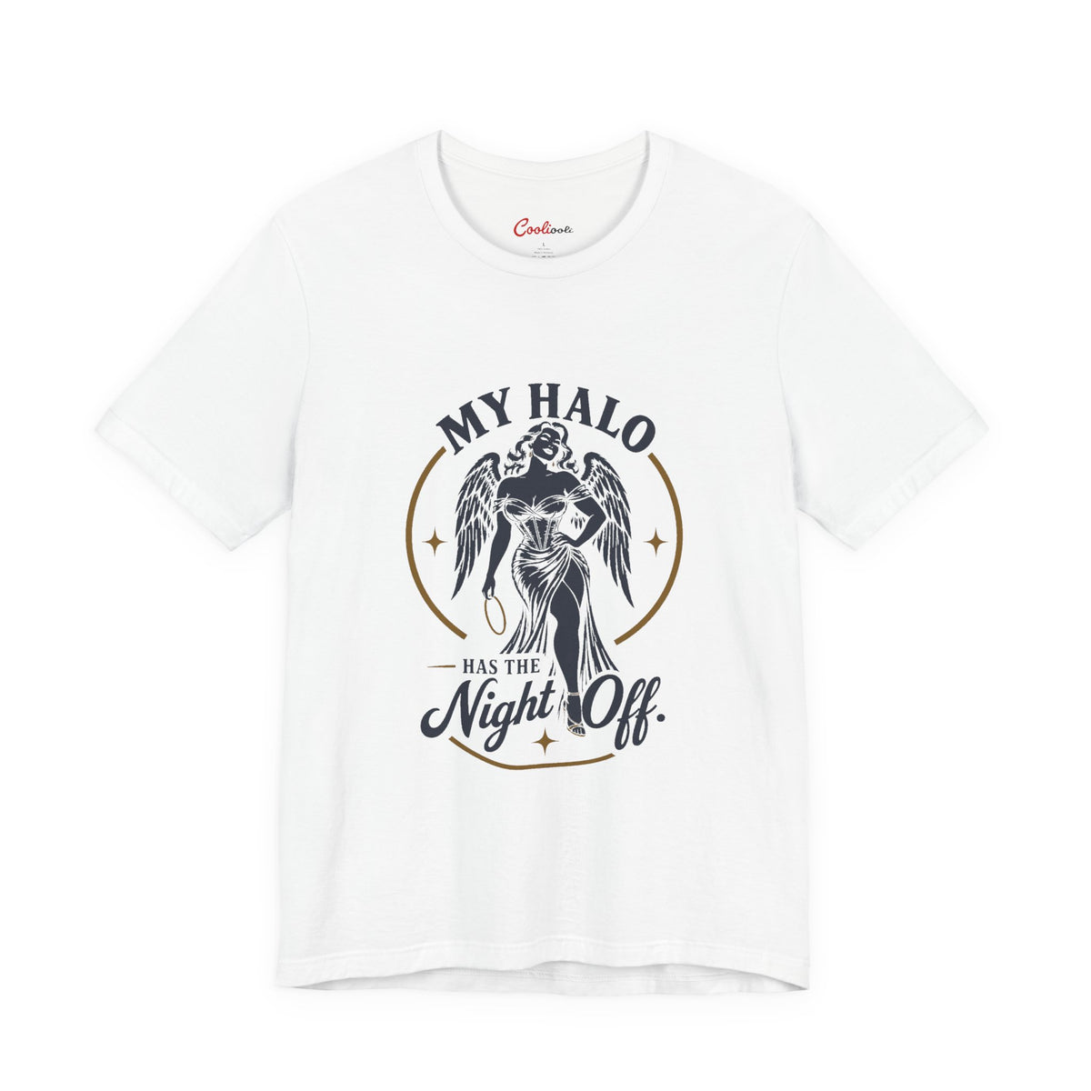 White Cooliooli tee with a winged angel holding her halo: My Halo Has the Night Off.