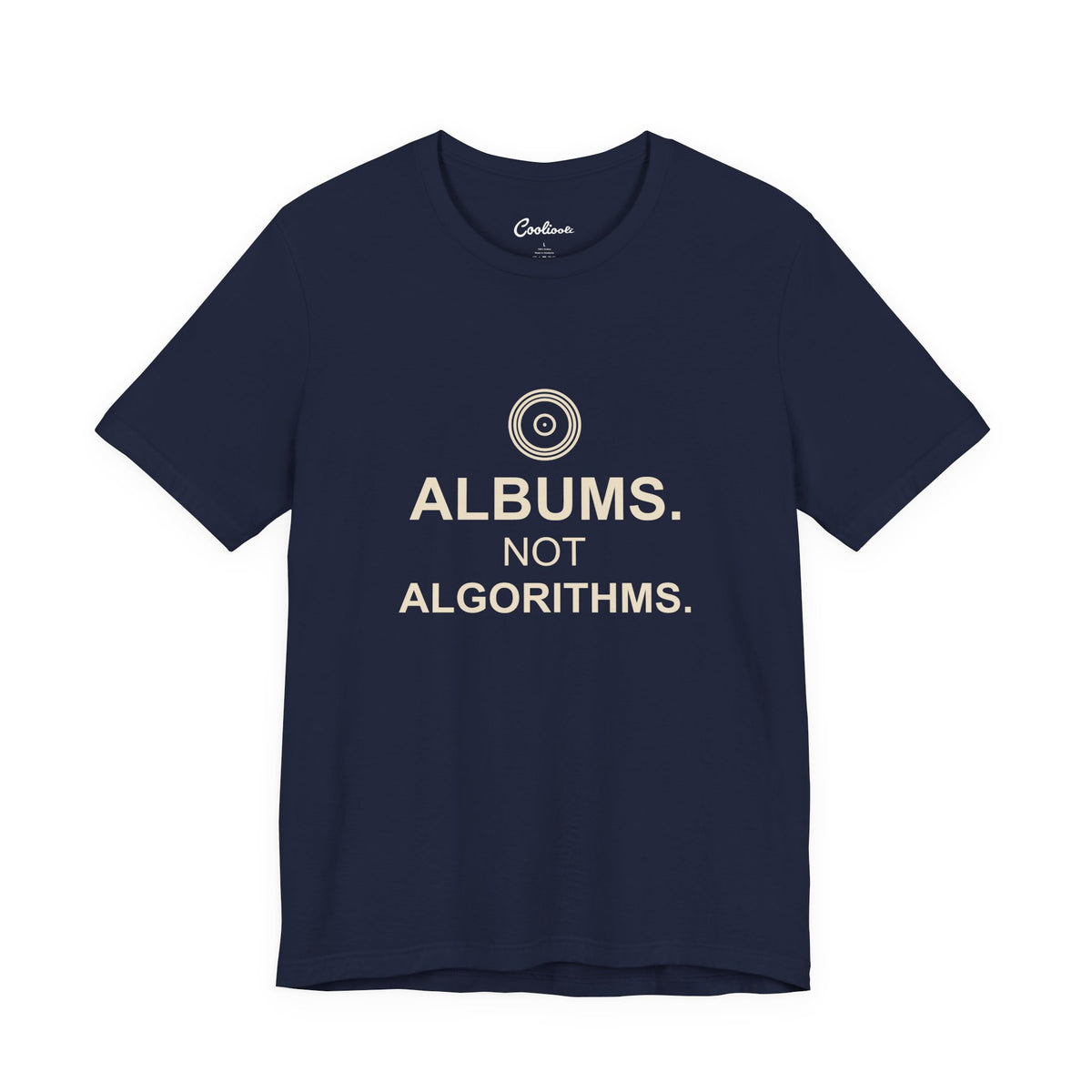 ALBUMS. NOT ALGORITHMS. — Navy Bella+Canvas 3001, accurate supplier front view