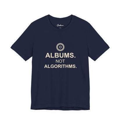 ALBUMS. NOT ALGORITHMS. — Navy Bella+Canvas 3001, accurate supplier front view