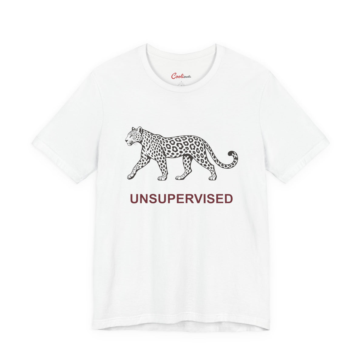 UNSUPERVISED leopard graphic on the White Bella+Canvas 3001 tee — accurate supplier front colour view
