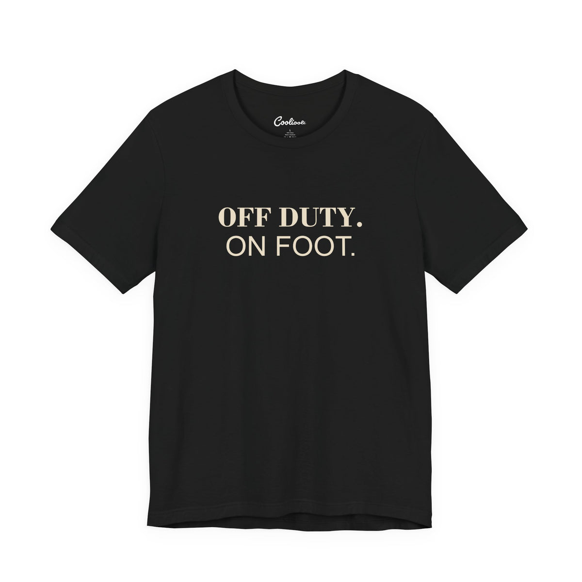 OFF DUTY. ON FOOT. on the Black Bella+Canvas 3001 tee — accurate supplier front colour mockup