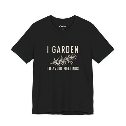 I Garden To Avoid Meetings gardener gift tee shown flat in a second colourway, unisex Bella Canvas 3001 cotton t-shirt
