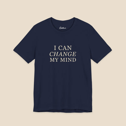 Navy Bella+Canvas3001 T-shirt with three-line I Can Change My Mind serif lettering and italic Change.