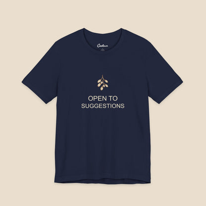 Navy Bella+Canvas3001 Christmas T-shirt with a small bronze and cream mistletoe graphic and Open to Suggestions lettering.