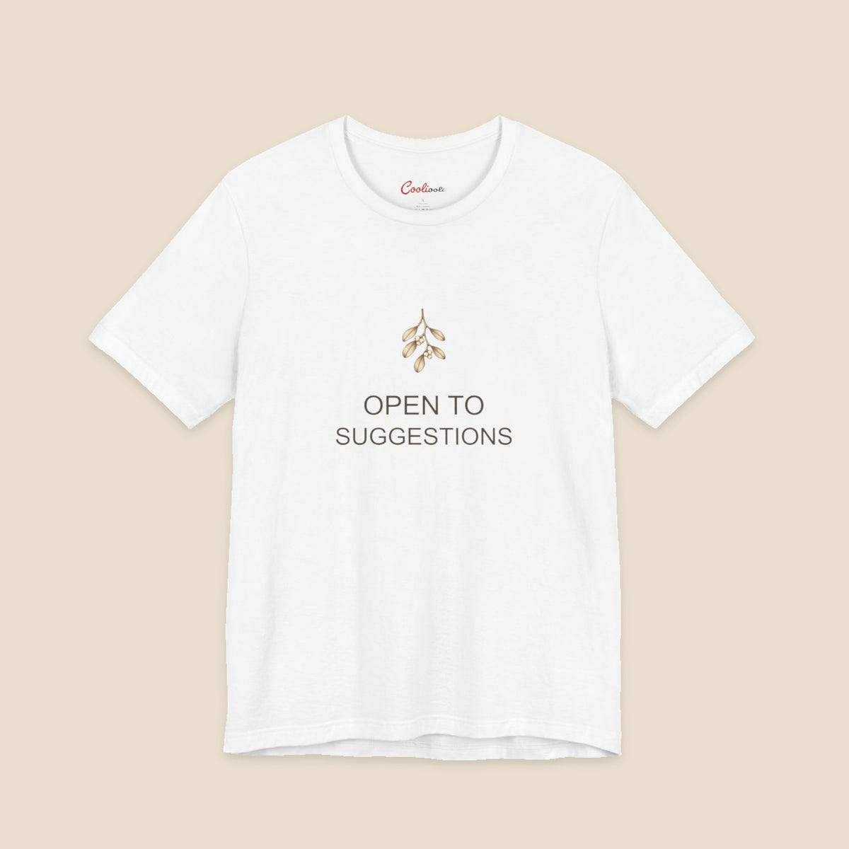 White Bella+Canvas3001 Christmas T-shirt with a small bronze and cream mistletoe graphic and Open to Suggestions lettering.
