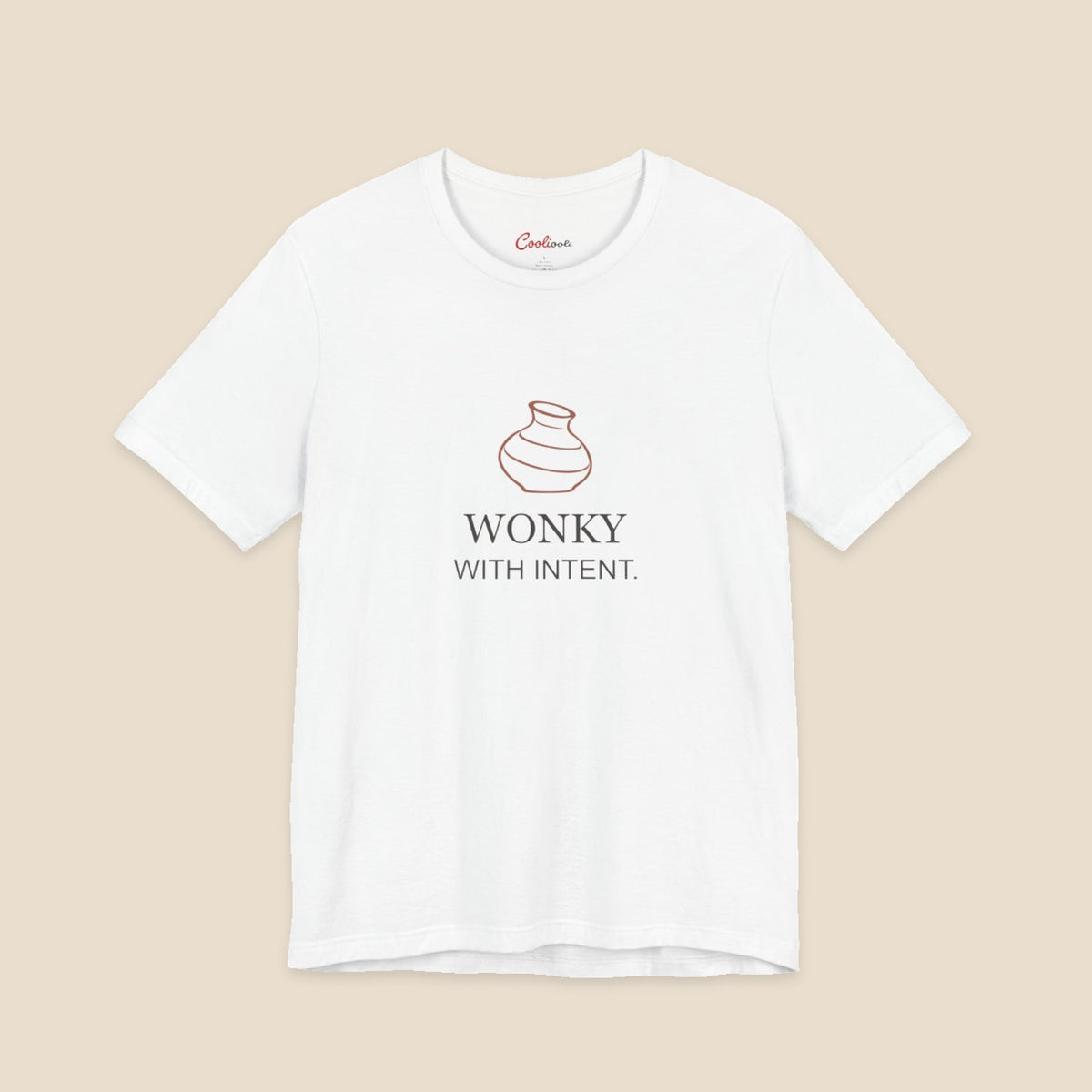 White Bella+Canvas 3001 pottery T-shirt with an uneven terracotta vase above Wonky With Intent lettering.