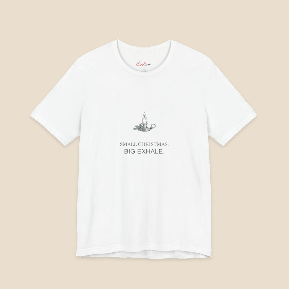 Small Christmas Big Exhale candle graphic on a White Bella+Canvas 3001 unisex tee; front colour preview.