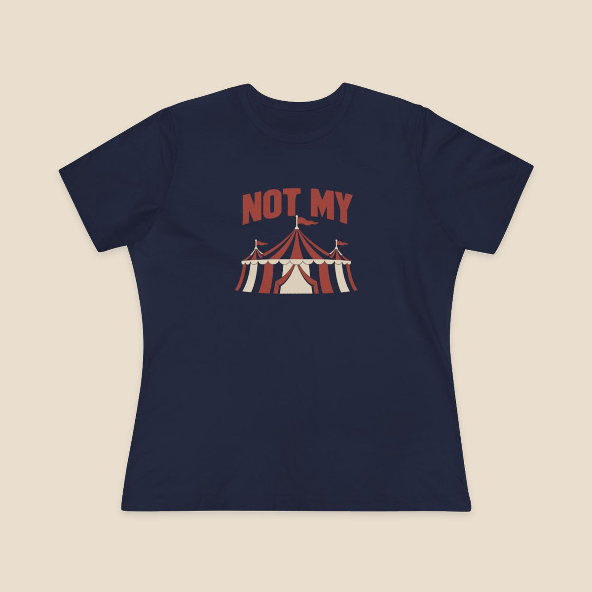 NOT MY original circus tent graphic on the Navy Bella+Canvas6400 women’s relaxed-fit tee; front colour preview.