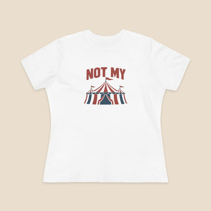 NOT MY original circus tent graphic on the White Bella+Canvas6400 women’s relaxed-fit tee; front colour preview.