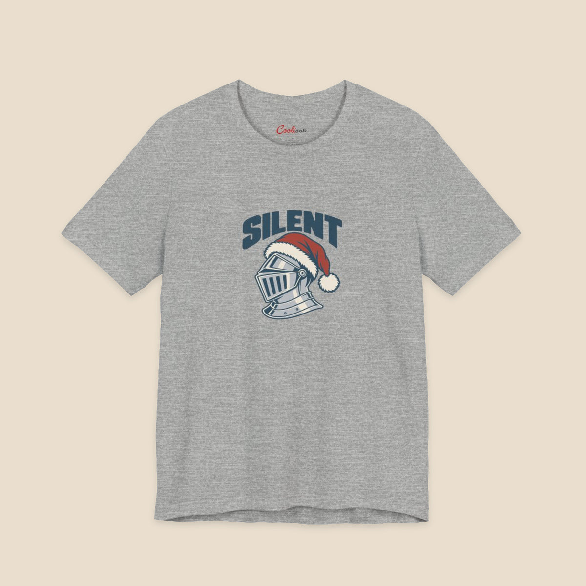 SILENT and original silver-grey knight helmet in a red Santa hat on the Athletic Heather Bella+Canvas 3001 unisex tee; front colour preview.