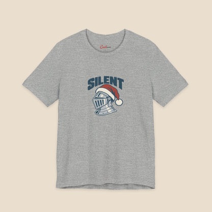 SILENT and original silver-grey knight helmet in a red Santa hat on the Athletic Heather Bella+Canvas 3001 unisex tee; front colour preview.