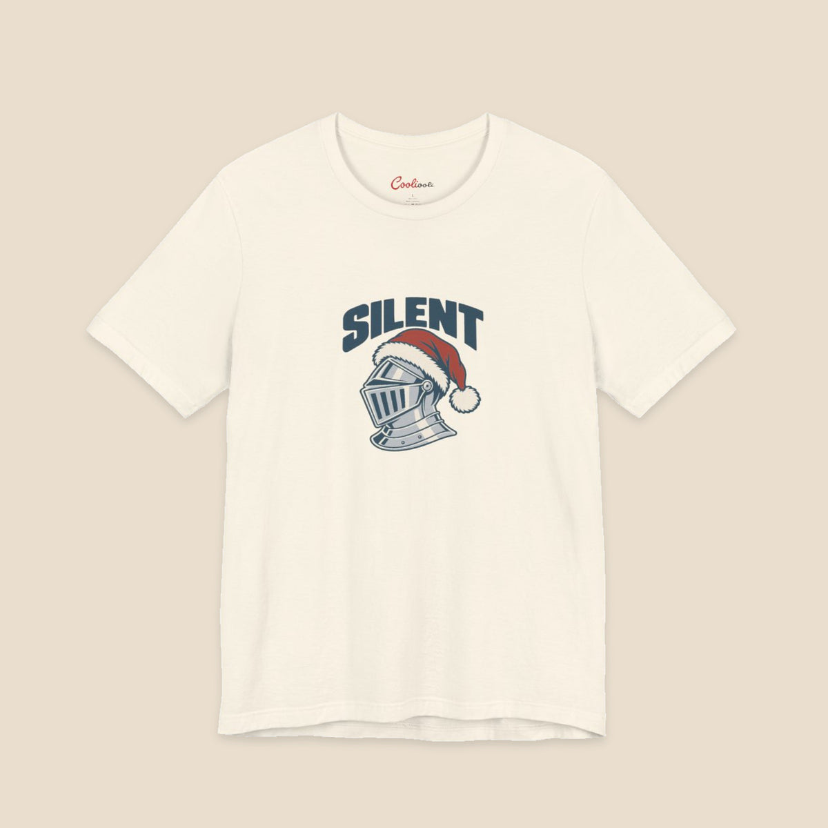 SILENT and original silver-grey knight helmet in a red Santa hat on the Natural Bella+Canvas 3001 unisex tee; front colour preview.
