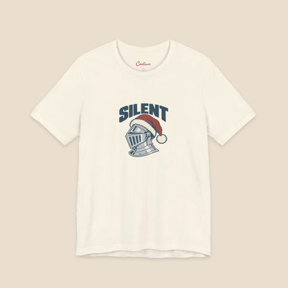 SILENT and original silver-grey knight helmet in a red Santa hat on the Natural Bella+Canvas 3001 unisex tee; front colour preview.
