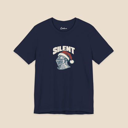 SILENT and original silver-grey knight helmet in a red Santa hat on the Navy Bella+Canvas 3001 unisex tee; front colour preview.