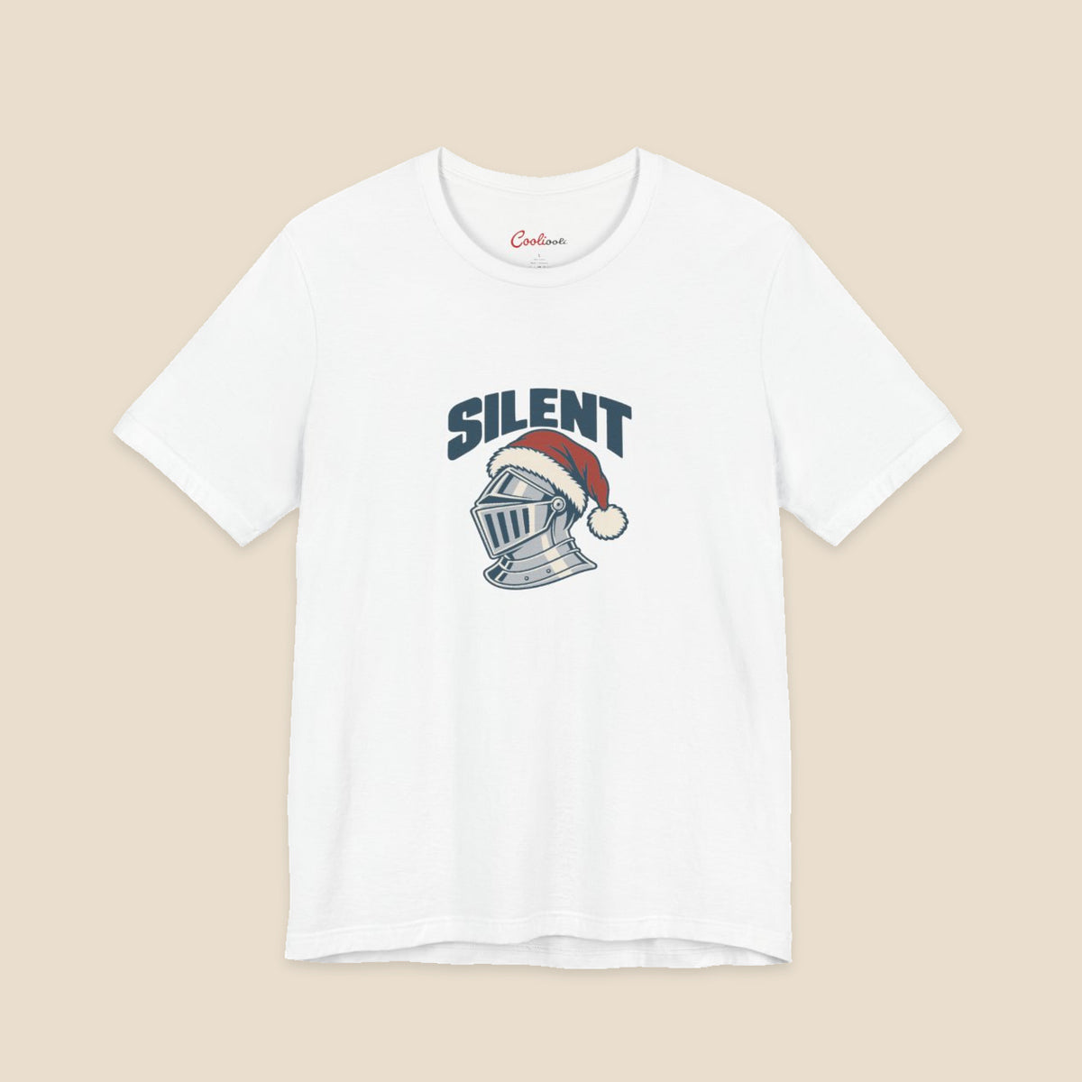 SILENT and original silver-grey knight helmet in a red Santa hat on the White Bella+Canvas 3001 unisex tee; front colour preview.