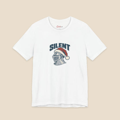 SILENT and original silver-grey knight helmet in a red Santa hat on the White Bella+Canvas 3001 unisex tee; front colour preview.