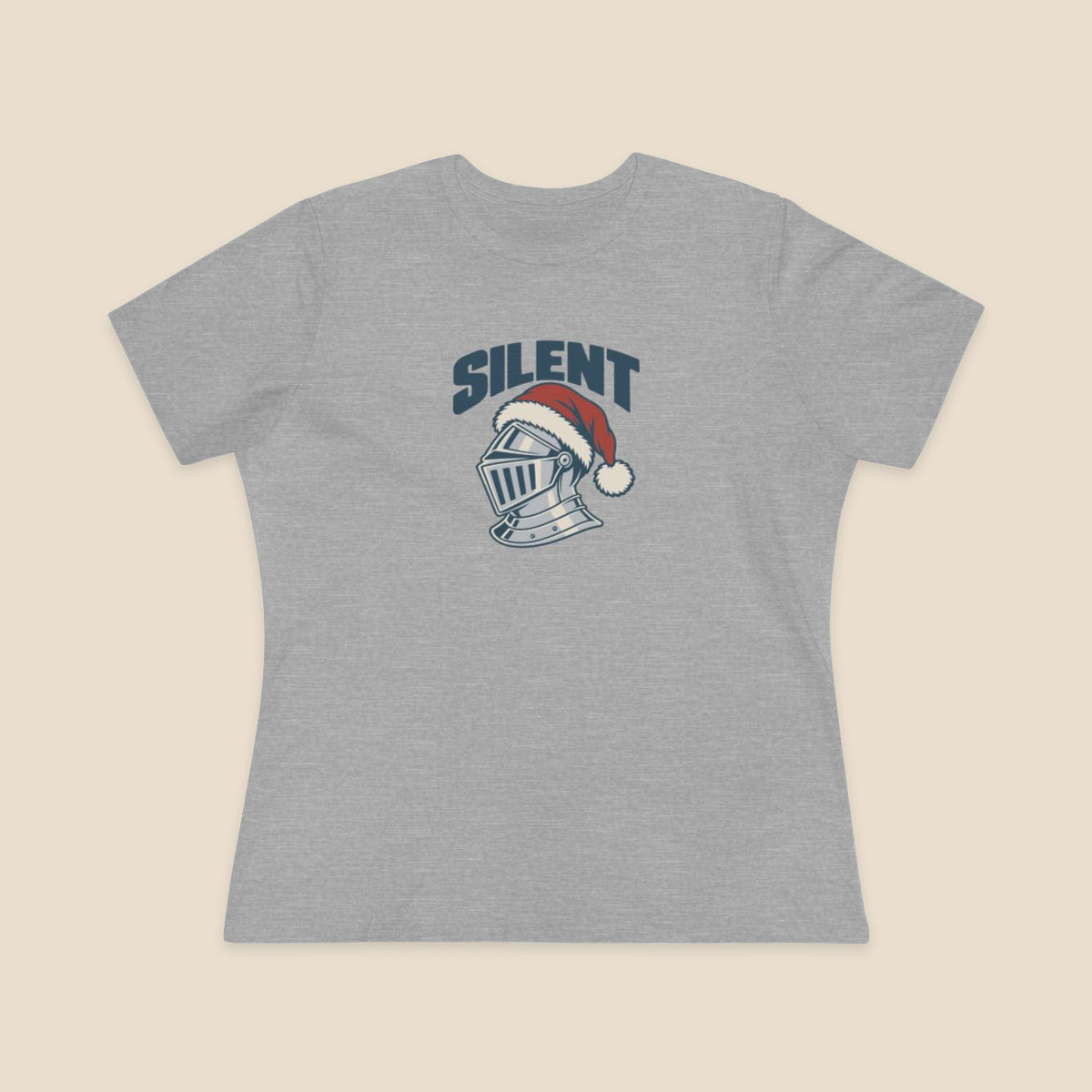 SILENT silver-grey knight and red Santa hat graphic on the Athletic Heather Bella+Canvas 6400 women’s relaxed-fit tee; front colour preview.