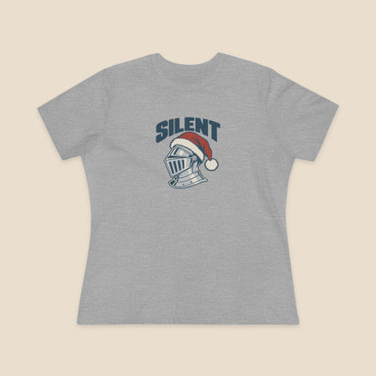 SILENT silver-grey knight and red Santa hat graphic on the Athletic Heather Bella+Canvas 6400 women’s relaxed-fit tee; front colour preview.