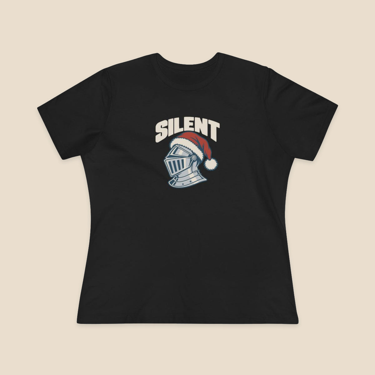 SILENT silver-grey knight and red Santa hat graphic on the Black Bella+Canvas 6400 women’s relaxed-fit tee; front colour preview.
