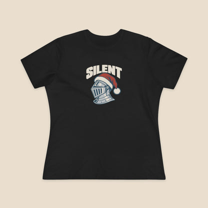 SILENT silver-grey knight and red Santa hat graphic on the Black Bella+Canvas 6400 women’s relaxed-fit tee; front colour preview.