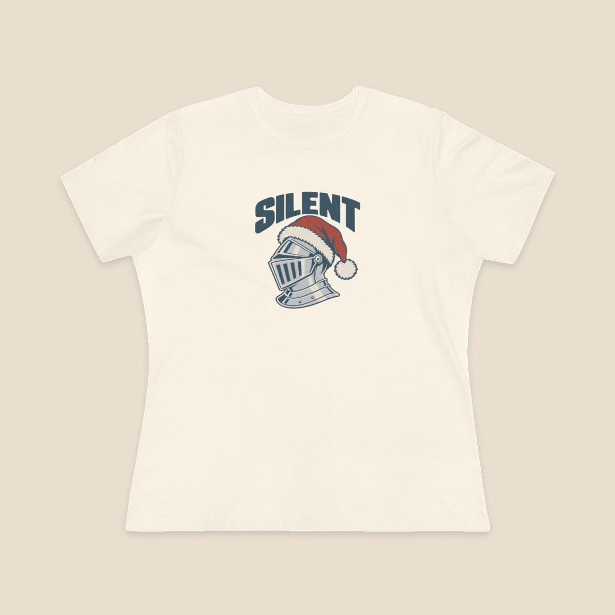 SILENT silver-grey knight and red Santa hat graphic on the Natural Bella+Canvas 6400 women’s relaxed-fit tee; front colour preview.