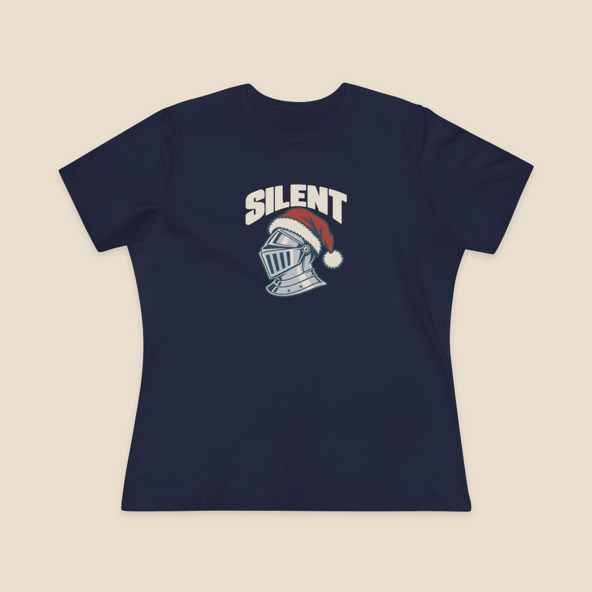 SILENT silver-grey knight and red Santa hat graphic on the Navy Bella+Canvas 6400 women’s relaxed-fit tee; front colour preview.