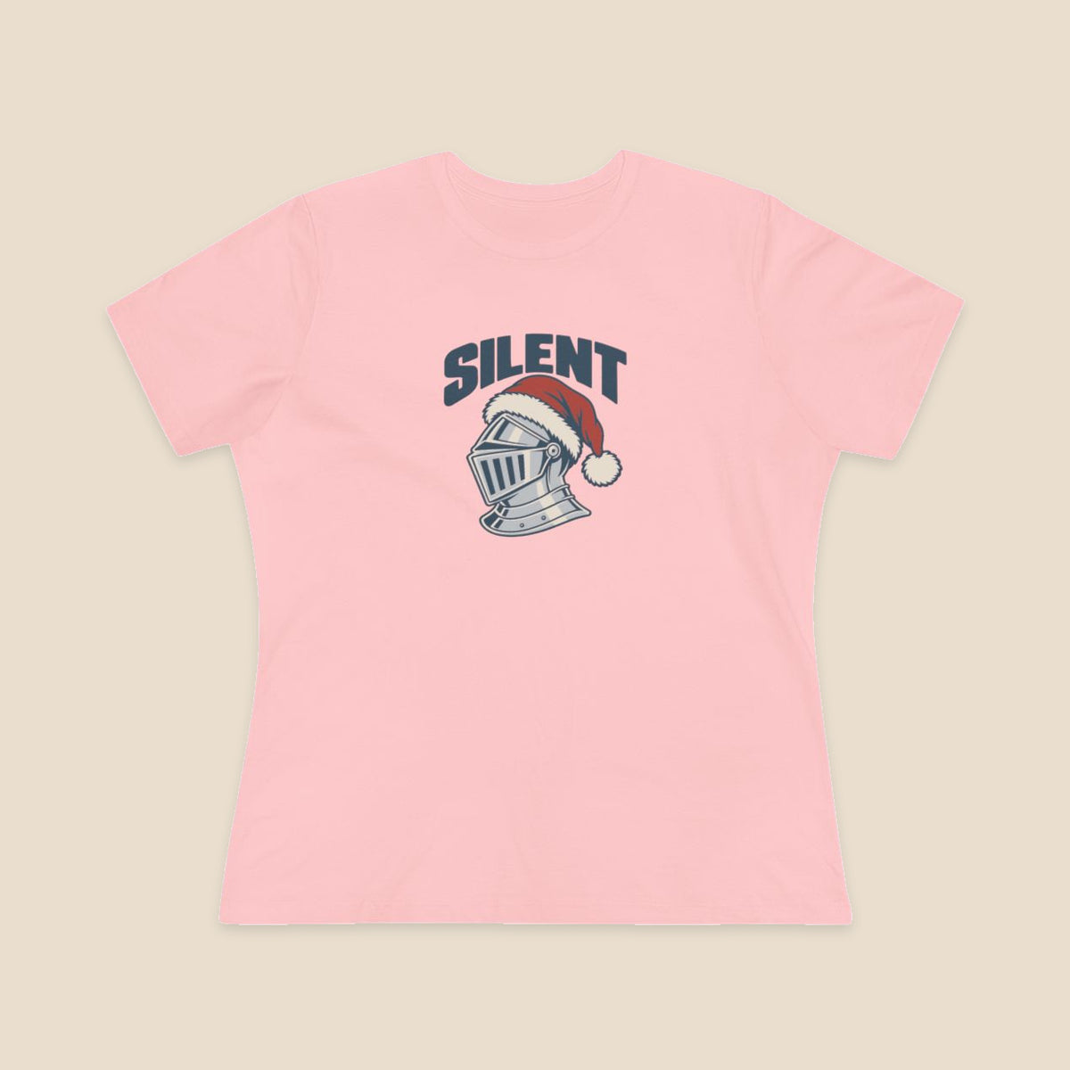 SILENT silver-grey knight and red Santa hat graphic on the Pink Bella+Canvas 6400 women’s relaxed-fit tee; front colour preview.