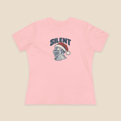SILENT silver-grey knight and red Santa hat graphic on the Pink Bella+Canvas 6400 women’s relaxed-fit tee; front colour preview.