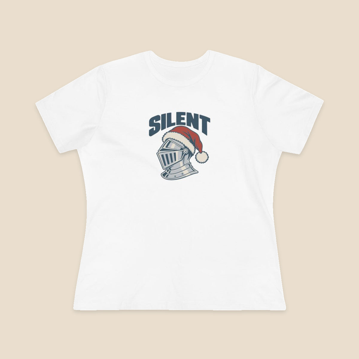 SILENT silver-grey knight and red Santa hat graphic on the White Bella+Canvas 6400 women’s relaxed-fit tee; front colour preview.