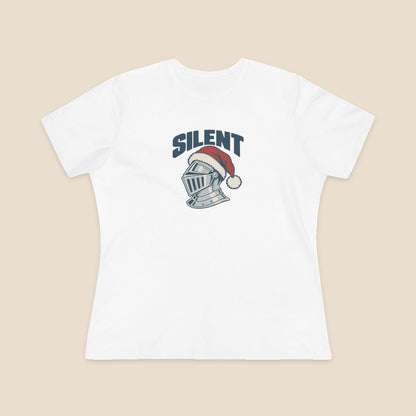 SILENT silver-grey knight and red Santa hat graphic on the White Bella+Canvas 6400 women’s relaxed-fit tee; front colour preview.